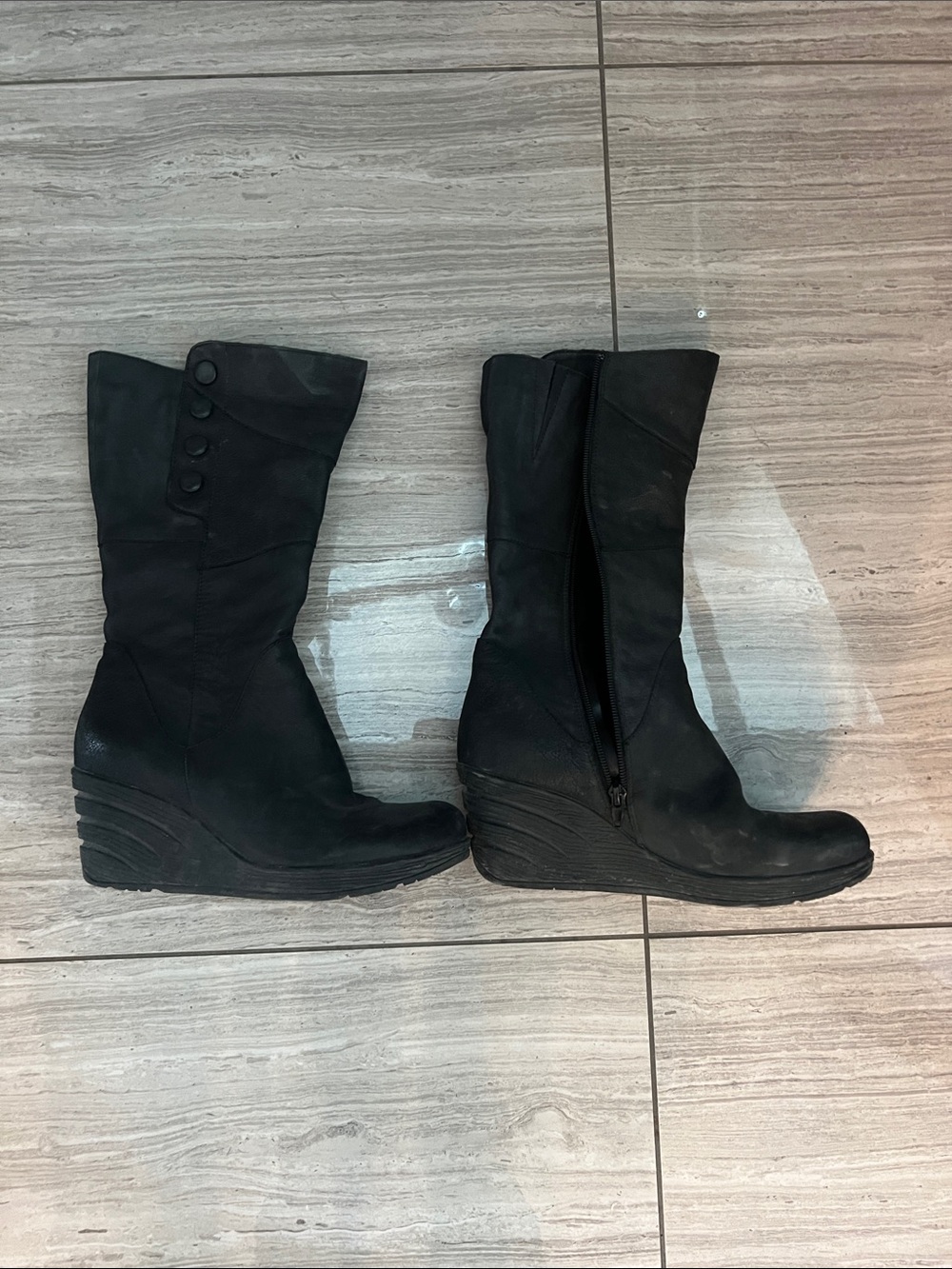 Miz Mooz Black Wedge Mid-Calf Button-Trim Boots